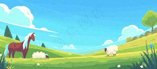 春天卡通扁平插画手绘蓝天绿色草地，春游，郊游，踏青