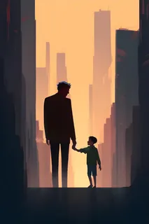 爸爸牵着孩子城市剪影背景
