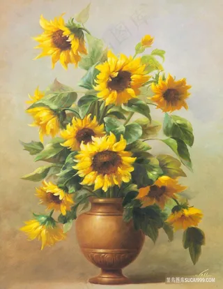 唯美向日葵花瓶艺术油画