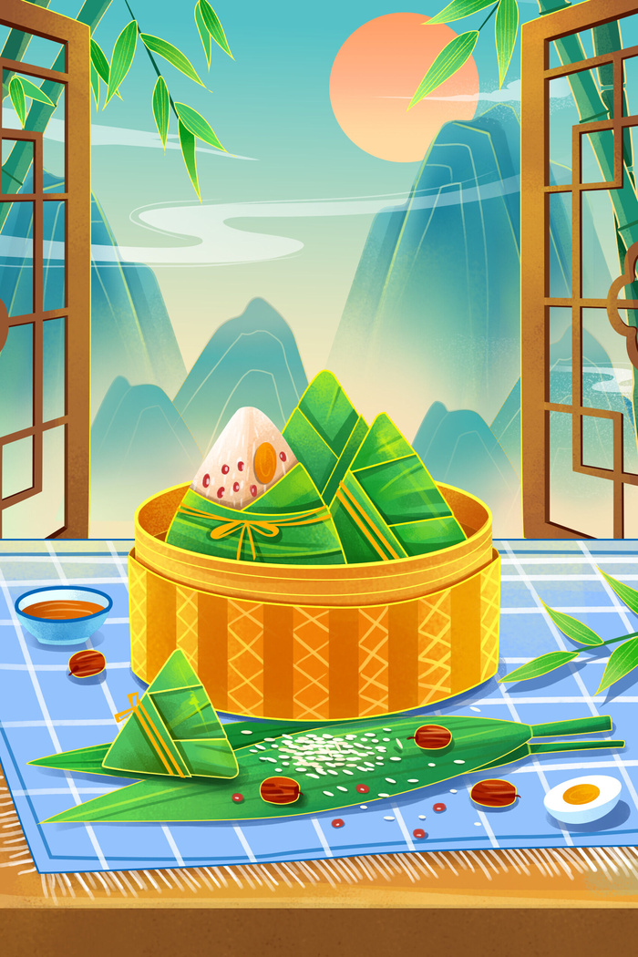 国潮风中国传统节日端午节赛龙舟粽子场景插画海报PSD设计素材