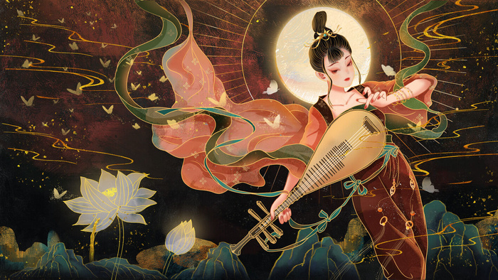 复古中国风国潮神话人物敦煌插画仙女手绘海报背景PSD设计素材