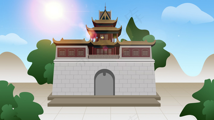 古风建筑插画psd模版下载