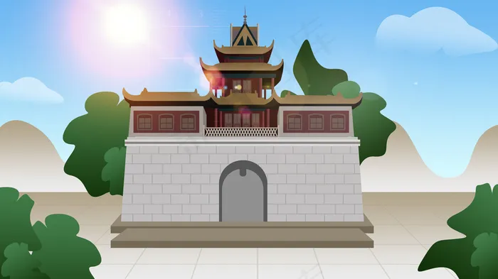 古风建筑插画psd模版下载