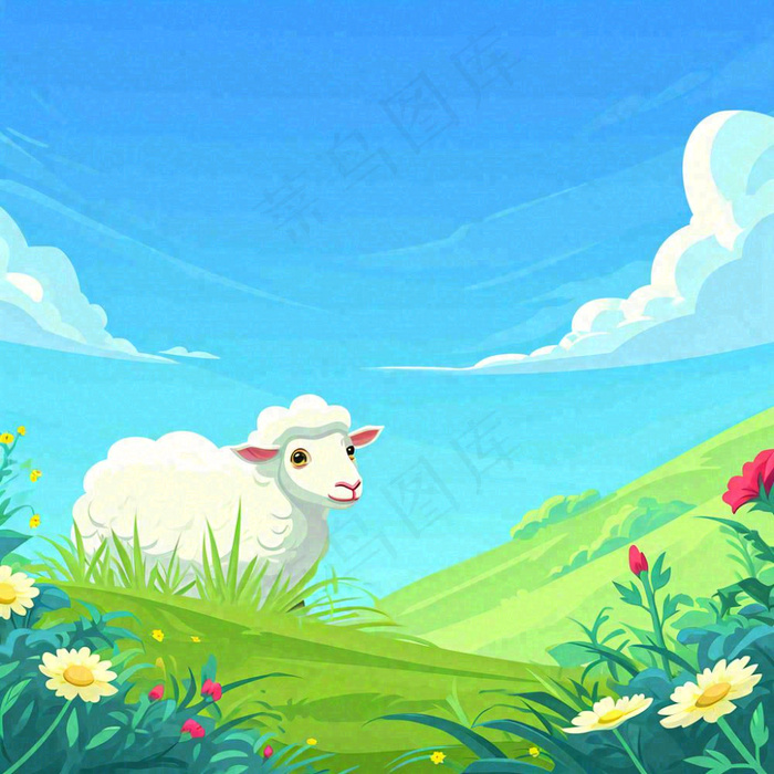 春天清新蓝天白云草地绵羊花朵扁平插画手绘