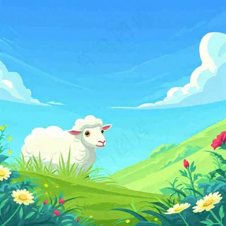 春天清新蓝天白云草地绵羊花朵扁平插画手绘