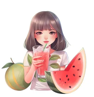 夏日西瓜冰饮水果女孩人物免抠