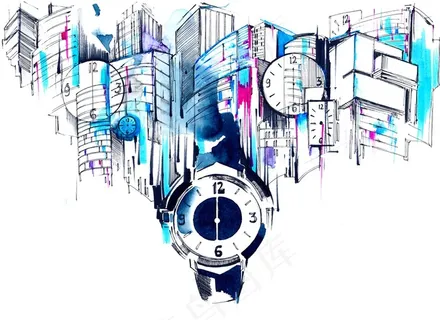 抽象水彩线条时钟建筑高清图片 抽象水彩线条时钟建筑高清图片