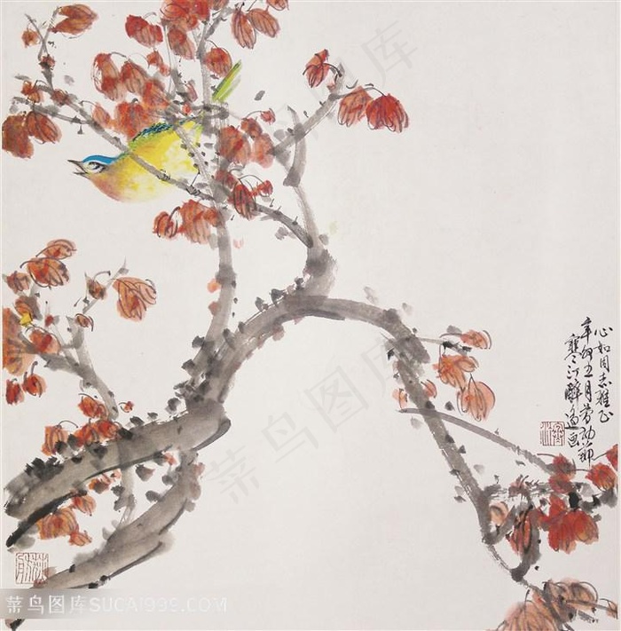 高清树枝树叶植物与黄鹂国画图片