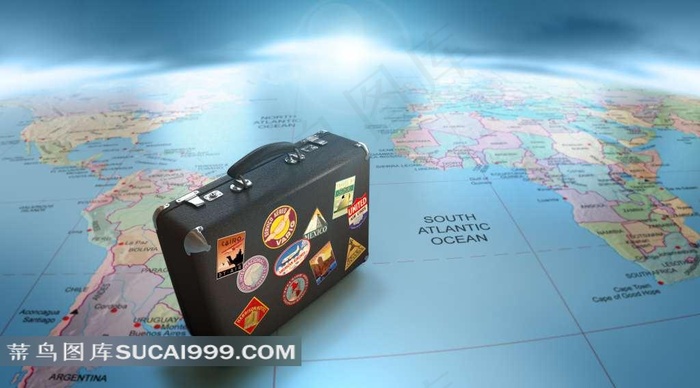旅行箱系列 - 贴满旅行标志放在世界地图上的旅行箱