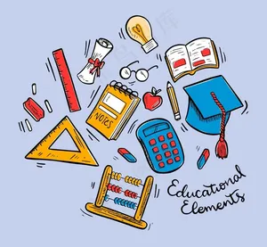 15款手绘校园元素矢量素材珠算计算器博士帽记事簿眼镜灯泡苹果