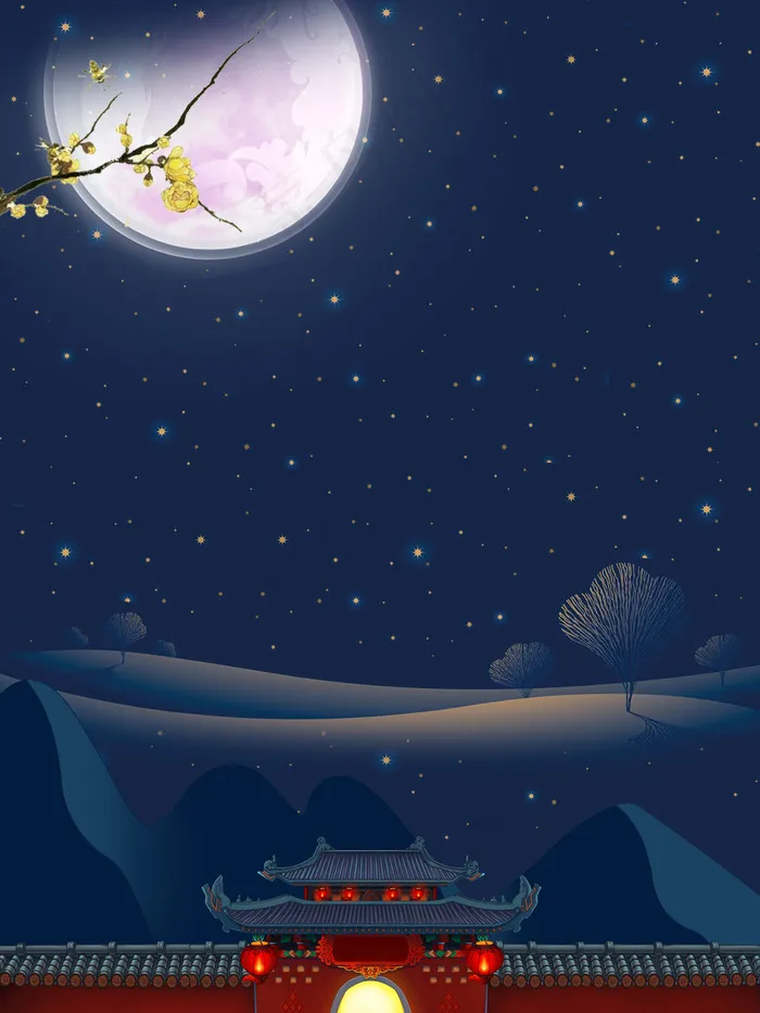 蓝色冷调背景冬夜圆月雪景图psd模版下载