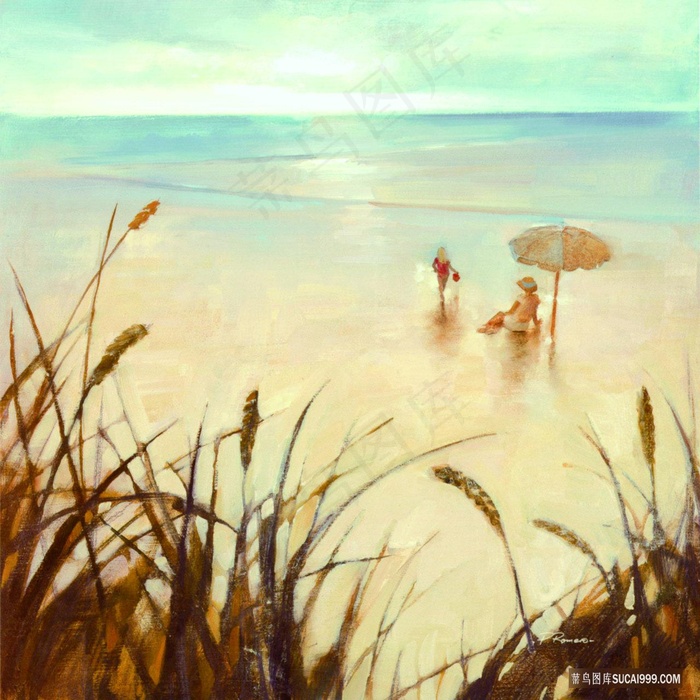 沙滩海景风景画油画