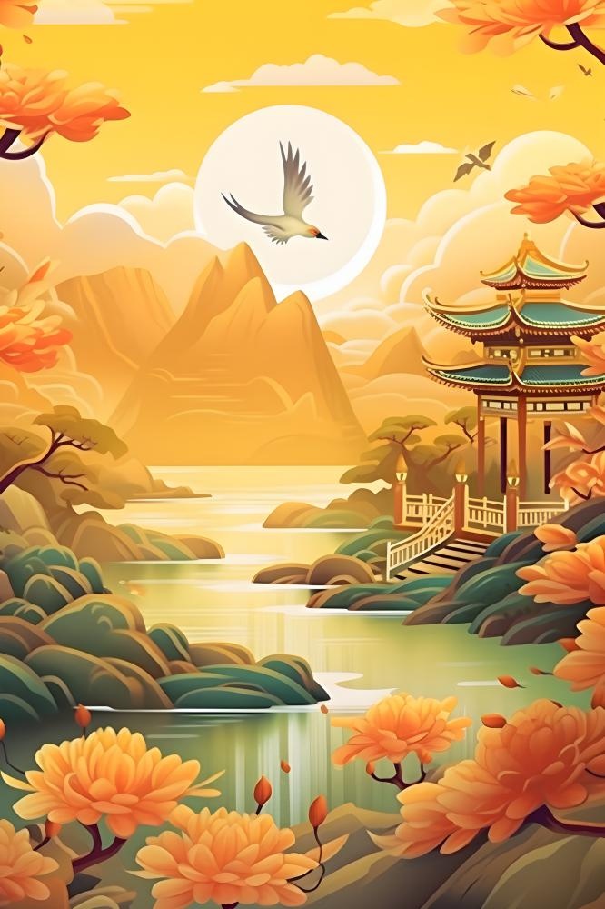 国潮花朵仙鹤云间背景(2400x3600)