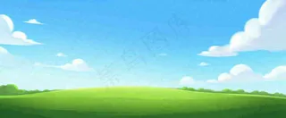 卡通手绘绿色草坡蓝天白云，春天，儿童节，春游，春分