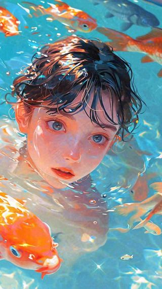 阳光泳池游泳人物男女，金鱼水面海上，反光色彩摄影图