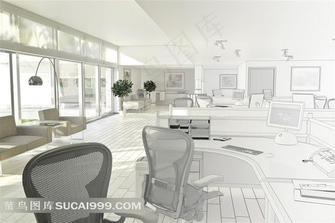办公区里桌椅摆放手绘效果摄影高清图片