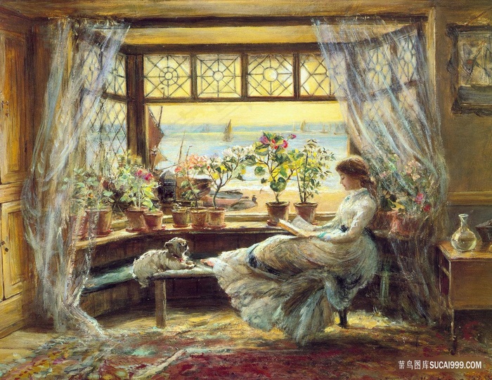 室内看书女孩油画风景画