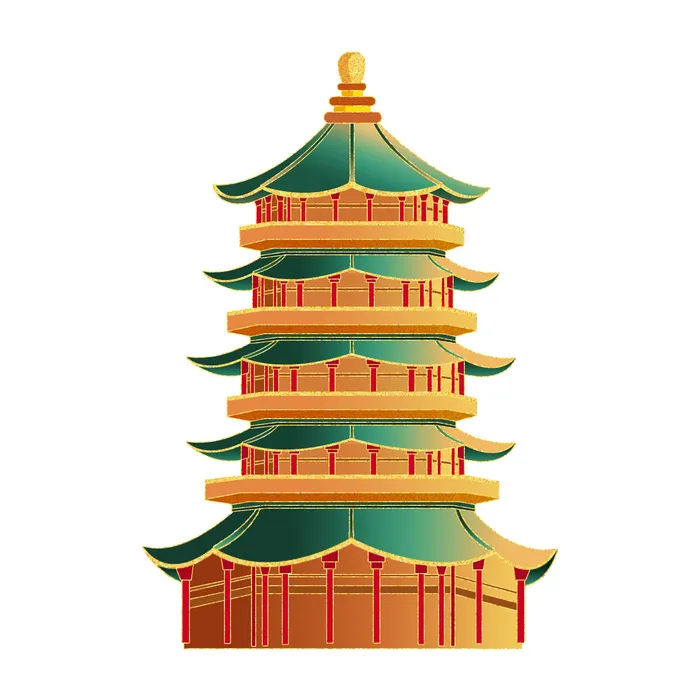 复古中国风国潮古建筑插画手绘高楼古塔PSD素材亭子png免抠图psd模版下载