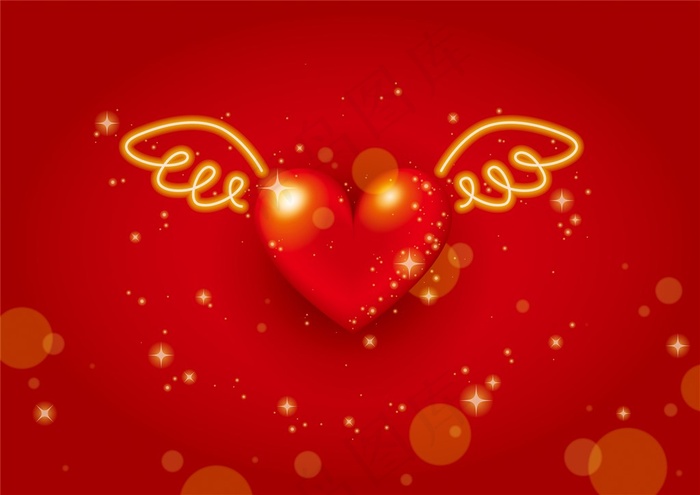 红色背景爱心与翅膀高清图片
