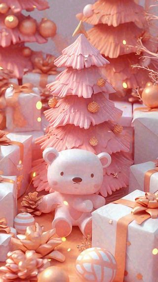 礼物粉色唯美C4D效果儿童小熊，圣诞树圣诞节