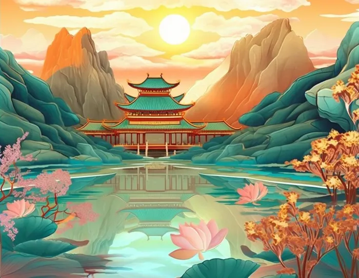 国潮国风夏季山水建筑背景(1154x896)