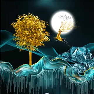 抽象麋鹿金色发财树方形装饰画