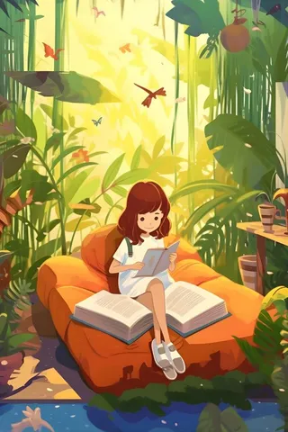 在大自然森林里看书绿色背景