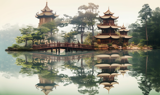 湖上的传统宝塔、树木、宝塔和森林曲面镜风格中国朋克