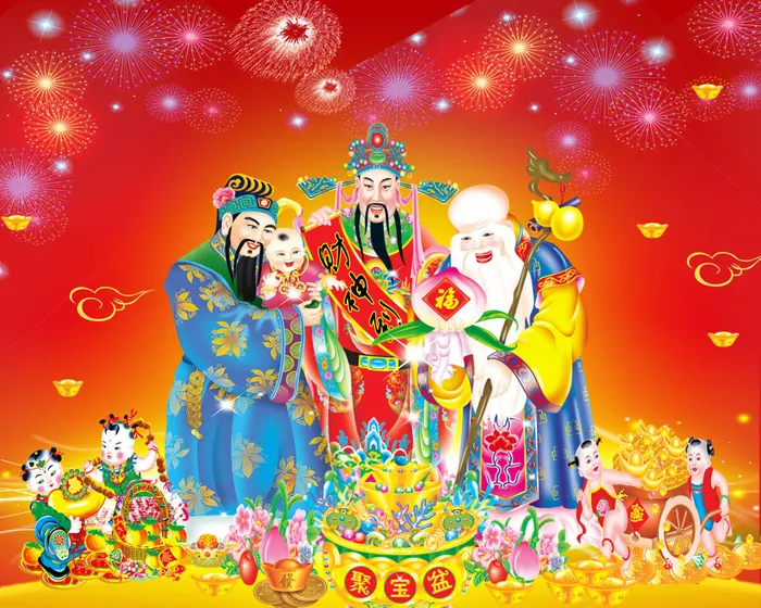 红色背景福绿寿童子背景墙psd模版下载