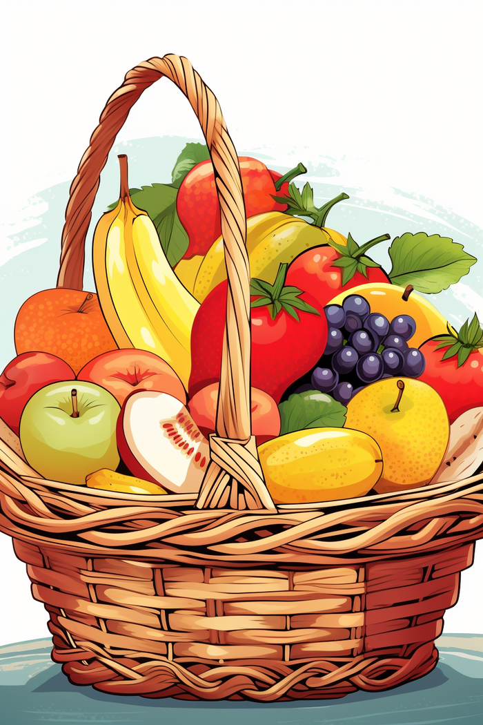 卡通插画水果篮装满的水果
