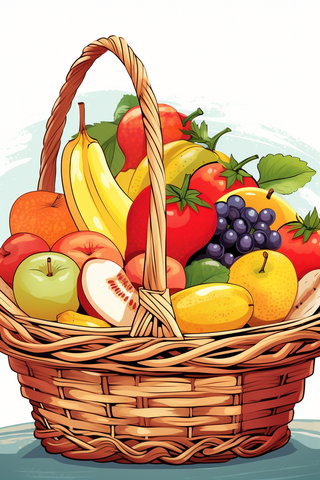 卡通插画水果篮装满的水果
