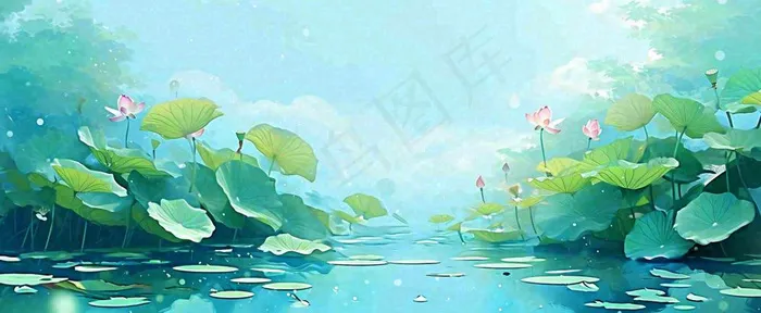 夏天池塘荷花池荷花荷叶河流插画手绘，夏至处暑小暑大暑(1712x704)