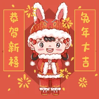 手绘2023兔年新年卡通兔子形象IP插画元素PSD设计素材png图案