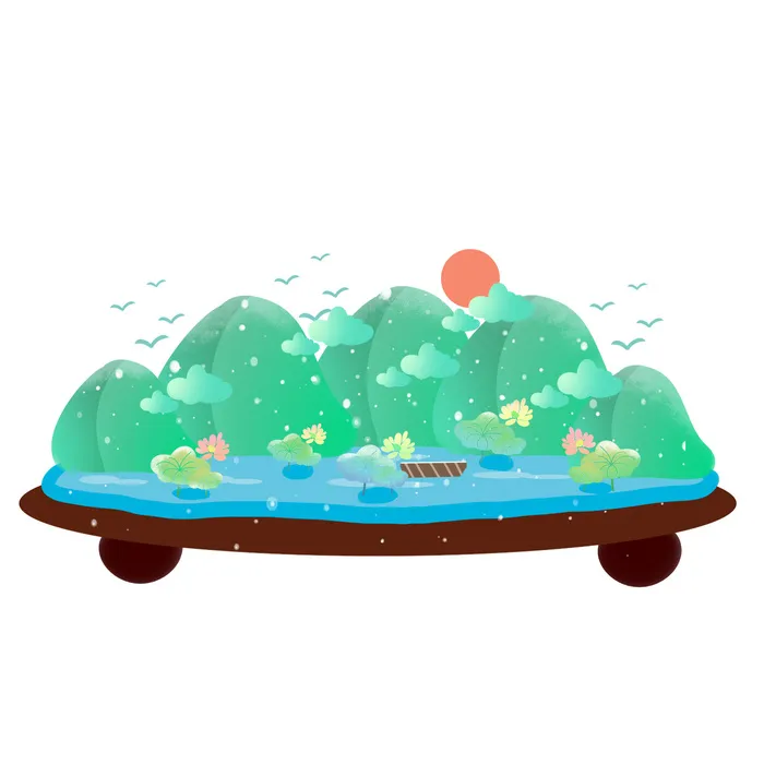 时尚微景观山水装饰庭院祥云中式国潮风插图插画元素素材设计模板psd模版下载