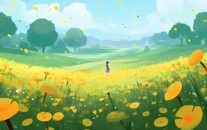 蓝天白云草坪草原人物黄色花朵手绘插画海报素材背景(5504x3456)