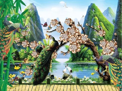 雕塑钻石孔雀花卉背景墙