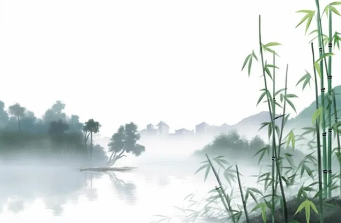 中国山水竹子水墨画绿色背景(1344x880)