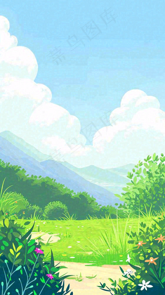 春天郊外露营旅行山脉蓝天白云草坪草地花丛，清新自然，惊蛰春分(816x1456)