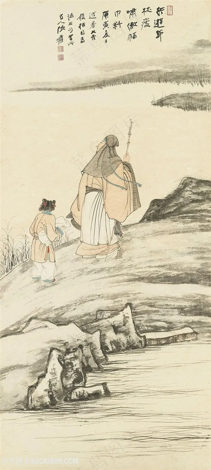 张大千手绘老人湖畔美景