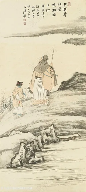 张大千手绘老人湖畔美景 张大千手绘老人湖畔美景
