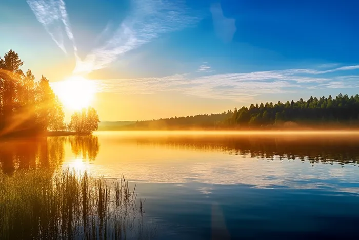 阳光明媚的一天，夏天的早晨，平静的湖面太阳落在平静的湖面上摄影图(4032x2688)