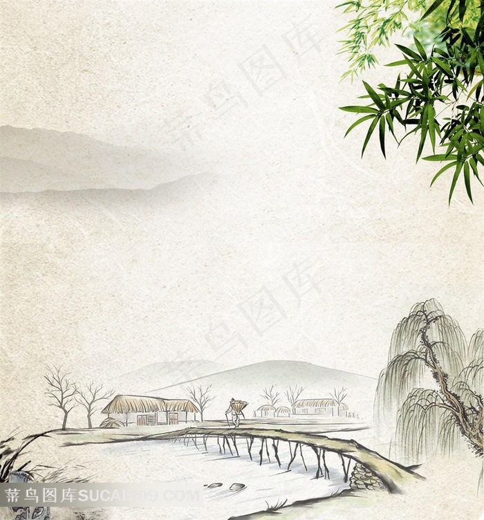 湖水木桥中国风竹林水墨画