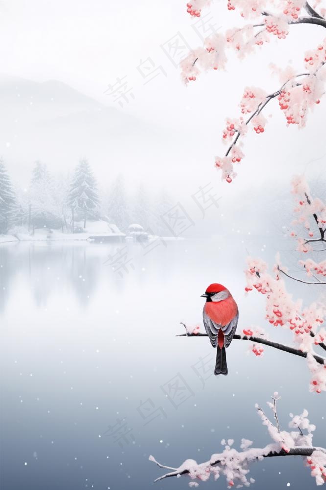小雪温馨雪花冬天湖畔雪景节气海报背景