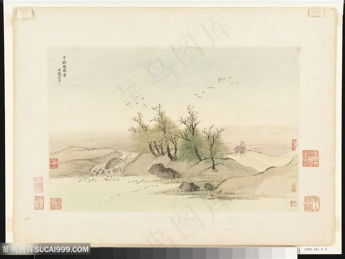 清代画家王翚仿古山水作品平林散牧国画图片