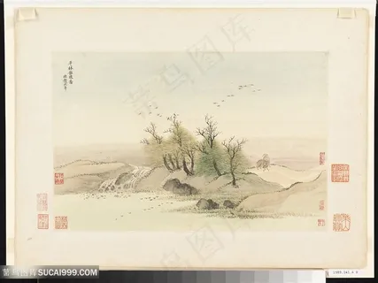 清代画家王翚仿古山水作品平林散牧国画图片