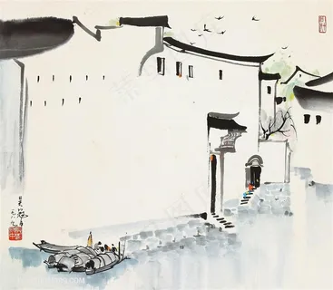 吴冠中手绘唯美水墨江南房子风景画