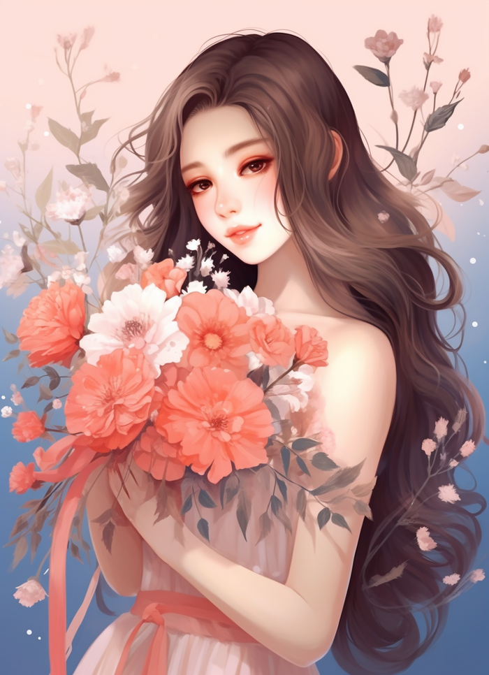 美丽少女抱着大捧粉色鲜花卡通插画