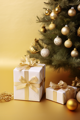 圣诞装饰金色圣诞树礼物摄影图