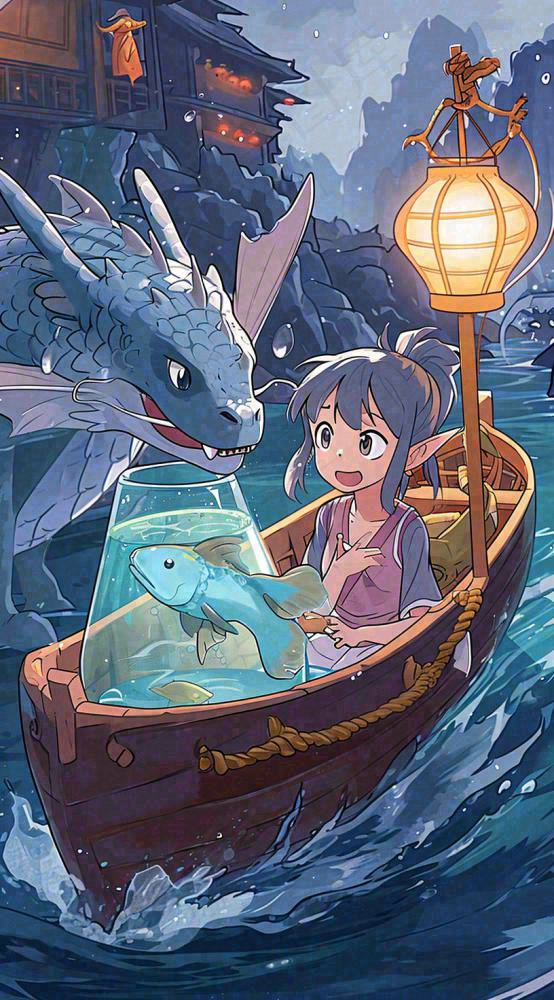 创意卡通古风河面人物游船，夜晚龙灯笼光照，海浪水面