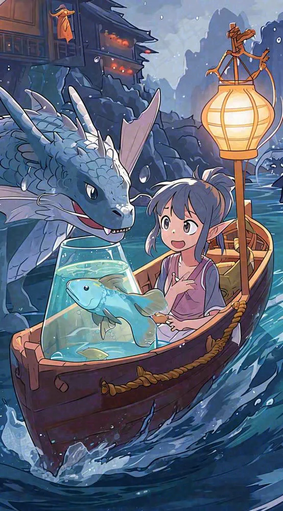 创意卡通古风河面人物游船，夜晚龙灯笼光照，海浪水面(816x1472)